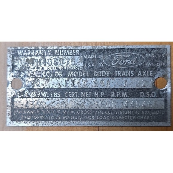 Ford V8 Body Transaxle Data Plate 1932-1939 Model A Truck VIN